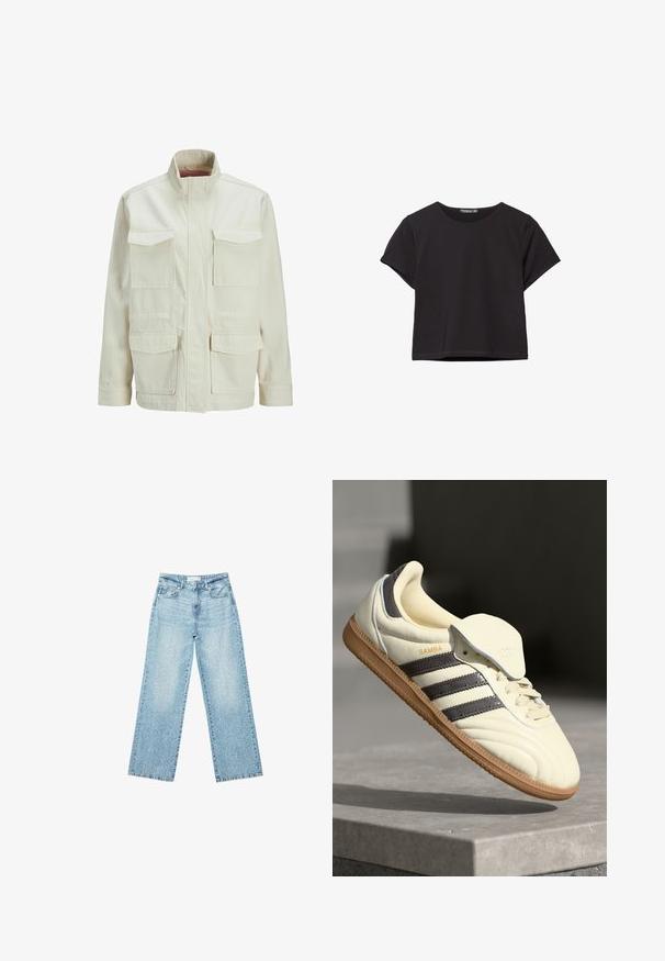 Kreda barva jakne iz mešanice bombaža, z visokim ovratnikom, dvema žepoma na prsih in dvema stranskima žepoma ter strukturirano, kvadratno prileganje.; Črn kratki top s kratkimi rokavi, narejen iz mehkega materiala, z okroglo izrezom in sproščenim krojem ter čistim robom.; Svjetloplave široke traperice s visokim strukom, s izblijedjelim pranjem i malim, raštrkanim oštećenjima po cijelom dijelu.; Kremne usnjene superge s tremi temnimi črtami, rjavim gumjastim podplatom in zaobljenim nosom. Imajo zložljiv jezik z oznako "SAMBA."