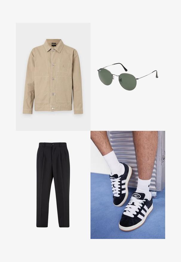 Bež bombažna jakna z ovratnikom, gumbnim zapiranjem, dvema velikima žepoma in majhnim logotipom na prsih.; Bela bombažna majica s kratkimi rokavi, okroglim izrezom, sproščenim krojem in brez vidnih logotipov ali vzorcev. Gladka tekstura in minimalen dizajn.; Črne hlače z nabranim sprednjim delom, narejene iz gladkega materiala. Imajo gumbasto zapiranje in zanke za pas; ravne hlačnice.; Črne semiš teniske z belimi vezalkami in tremi belimi črtami. Imajo okroglo črno oznako na jezičku in gumijast podplat.; Sončna očala z ovalnimi zelenimi lečami v kovinskem okvirju. Tanjši srebrni kovinski okvir in črne ušesne konice. Minimalistična zasnova, brez vidnih logotipov.