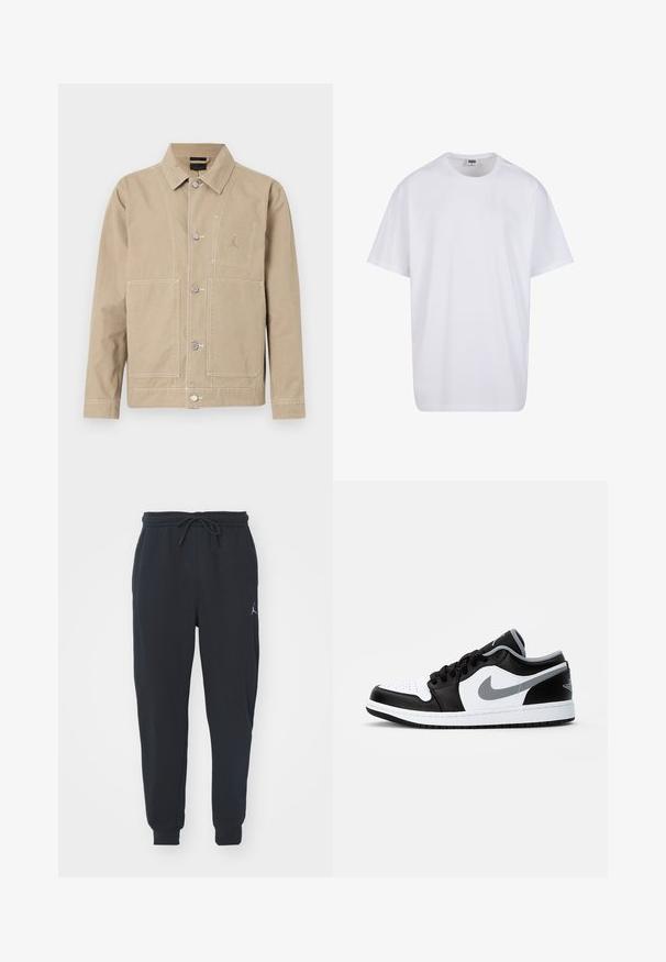 Beżowa kurtka z bawełny z kołnierzykiem, zapięciem na guziki, dwoma dużymi kieszeniami i małym logo na klatce piersiowej.; Biała bawełniana koszulka z krótkimi rękawami, okrągłym dekoltem, luźnym krojem i bez widocznych logo lub wzorów. Gładka tekstura i minimalistyczny design.; Czarne dresowe spodnie wykonane z miękkiego materiału, z elastycznym paskiem w talii ze sznurkiem, ściągaczami na nogawkach oraz małym logo na lewej udzie.; Jordan AIR JORDAN 1 czarny
