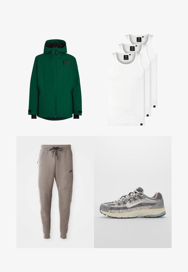 Groene waterdichte jas met een rits aan de voorkant, verstelbare capuchon en meerdere ritszakken. Heeft zwarte accenten en klittenbandmanchetten.; Drie witte geribde tanktops van katoen. Kenmerken zijn een ronde hals en kleine zwarte labels nabij de zoom. Verkrijgbaar in meerdere maten.; Grijze Nike-sweatpants met een verstelbare tailleband, taps toelopende benen, zijzakken en opvallende naaddetails. Zachte, gestructureerde stof.; Grijze sportieve schoen met een bovenwerk van mesh en suede, witte accenten, een gevoerde zool en een onderscheidend ontwerp met reflecterende elementen.
