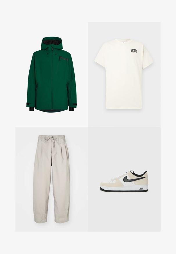 Zelena nepremočljiva jakna z zadrgo spredaj, nastavljivo kapuco in več zadrgo zaprtih žepov. Ima črne detajle in ježkaste manšete.; Kremasta bombažna majica s kratkimi rokavi, z natisnjenim napisom "NIKE SB" v črni in rdeči barvi na prsih. Standardni okrogli izrez.; Bež hlače iz lahkega materiala z elastičnim pasom in vrvico. Imajo gube in ohlapen kroj, izdelane so iz mehkega, gladkega blaga.; Tenisice z svetlo bež semenom in belim usnjem, črnim Nike znak, črnimi detajli in belim gumijastim podplatom z oznako "AIR".