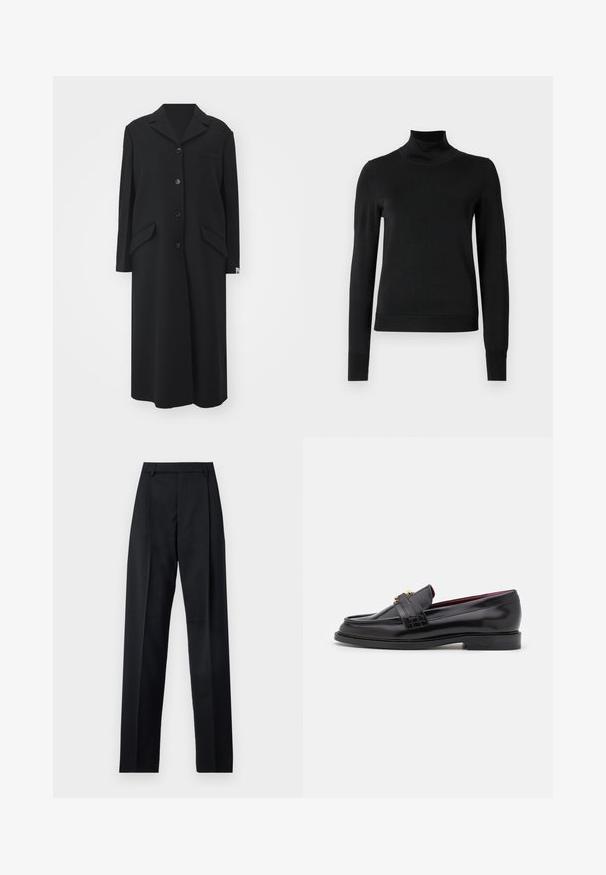 Schwarzer langer Wollmantel mit aufgeschlagenem Kragen, fünf Knöpfen, zwei seitlichen Taschen und einer Brusttasche.; Schwarzer Langarmrollkragenpullover mit gerippten Bündchen und Saum, auf einem schlichten weißen Hintergrund präsentiert.; Schwarze Hosen aus glattem Stoff mit hoher Taille, weitem Bein, vorderen Falten und klassischen Gürtelschlaufen. Keine sichtbaren Seitentaschen.; Schwarze Lederloafers mit einem gestickten Muster, glatter Textur, goldenen Schnallendetails und einer runden Zehenform, auf einer niedrigen schwarzen Sohle.