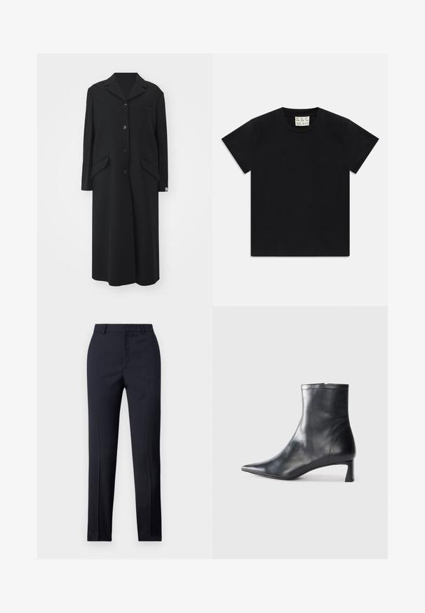 Crni dugi kaput od vune, s odnosno kragnom, pet dugmadi, dva bočna džepa i jednim džepom na prsima.; Crna kratka majica s okruglim izrezom i kratkim rukavima s bijelim oznakom unutar ovratnika na kojoj piše "D.R.C. EST. 2002" na bijeloj pozadini.; Mornarsko plave krojene hlače ravnog kroja, sa glatkom teksturom, dvije prednje džepove i urednim pojasom.; Crne kožne gležnjače s uskim vrhom i elegantnim dizajnom. Imaju niski potpetak i zatvaranje na patentni zatvarač straga. Glatka tekstura.