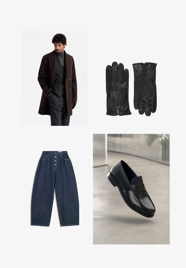 Bruine wollen overjas met grote revers en dubbelzijdige knopen over een grijze turtleneck en geruite gilet; gecombineerd met grijze broek en zwarte handschoenen.; Brede gebreide trui met een gemusterde voorkant met spelthema-graphics in verschillende kleuren en een donkere marineblauwe ribgebreide achterkant en mouwen.; Donkerblauwe denim brede broek met een hoge taille, vijfknopen sluiting en vijf zakken. Heeft stiksels op de naden.; Zwarte leren loafers met een gladde afwerking, een afgeronde neus, decoratieve stiksels en een licht verhoogde zool.; John Henric CLASSIC - Handschoenen - black
