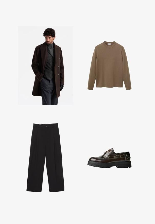 Cappotto di lana marrone con ampie rever, bottoni doppi e indossato su un dolcevita grigio e un gilet a quadri; abbinato a pantaloni grigi e guanti neri.; Maglione marrone a maniche lunghe con collo a giro, realizzato in materiale liscio e morbido; presenta una vestibilità rilassata e un orlo dritto.; Pantaloni neri a gamba larga realizzati in tessuto morbido, con vita piatta, pinces frontali e chiusura con un bottone.; Scarpa da barca in pelle marrone con suola in gomma, dotata di dettagli di cucitura, occhielli metallici e design con lacci. Costruzione robusta e leggera.