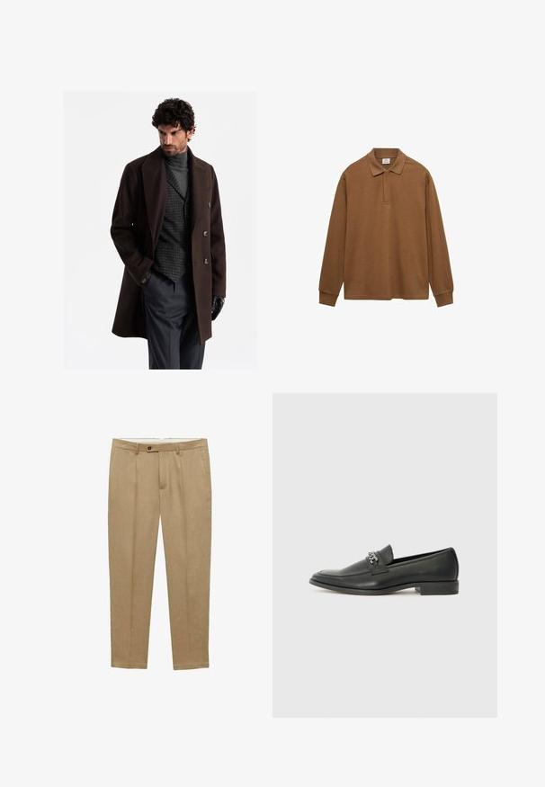 Bruine wollen overjas met grote revers en dubbelzijdige knopen over een grijze turtleneck en geruite gilet; gecombineerd met grijze broek en zwarte handschoenen.; Bruine longsleeve polo shirt gemaakt van katoen, met een kraag, knoopsluiting en geribbelde manchetten; gladde textuur en relaxte pasvorm.; Beige linnen broek met een rechte snit, voorzien van een enkele knoopsluiting, riemlussen en twee zijzakken. Gladde textuur, lichte stof.; Zwarte leren instapper met een gladde afwerking, voorzien van een gestikt ontwerp en een decoratieve metalen kettingaccent over de wreef. Platte hak.