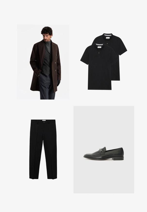 Brauner Wollmantel mit großen Revers und doppelt geknöpften Knöpfen über einem grauen Rollkragenpullover und einem karierten Weste; kombiniert mit grauen Hosen und schwarzen Handschuhen.; Zwei schwarze Polohemden, kurzärmlig, aus Baumwolle, mit einem klassischen Kragen, zwei Knöpfen und weißen Streifenakzenten im Inneren des Kragens.; Schwarze, maßgeschneiderte Hosen mit geradem Schnitt, ausgestattet mit einem einzelnen Knopfverschluss, Gürtelschlaufen und vorderen Falten. Hergestellt aus einem glatten Stoff.; Schwarzer Lederloafer mit glatter Oberfläche, ausgestattet mit einer gesteppten Gestaltung und einem dekorativen Metallkettendetail über dem Vorderblatt. Flacher Absatz.