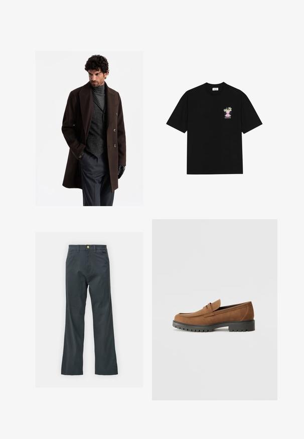 Brun uldkappe med store slag og dobbeltradede knapper over en grå rullekrave og en ternet vest; parret med grå bukser og sorte handsker.; Sort bomulds T-shirt med et farverigt grafik på venstre bryst, der viser en bamse og stiliseret tekst, med korte ærmer og rund hals.; Sorte bukser med lige ben, lavet af en bomuldsblandingsstof. Har en metalknaplukning og sidelommer. Ingen synlige mønstre.; Brune Suede loafers med en rund tå og en lav sort gummisål, der har et dekorativt bånd og syninger på overdelen.