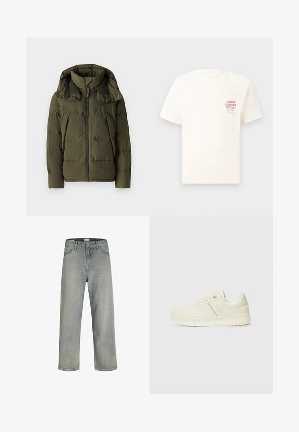 Jachetă puffer de culoare verde măslinie, cu guler înalt, închidere cu fermoar și bretele cu nasturi pe umeri; dispune de secțiuni matlasate și buzunare laterale.; Tricou alb cu mânecă scurtă, având text roșu "Studio Originals Edition" pe partea stângă a pieptului, expus pe un fundal gri neutru.; Jeans decolorate, cu croială confortabilă, realizate din denim. Prezentă un design clasic cu cinci buzunare, bucle pentru curea și o siluetă dreaptă.; Adidași crem cu detalii perforate, șireturi și logo pe lateral, expuși pe un fundal alb simplu.