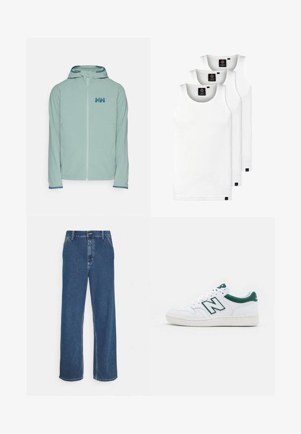 Helly Hansen CASCADE miętowy; Trzy białe prążkowane koszulki na ramiączkach wykonane z bawełny. Posiadają okrągły dekolt i małe czarne metki blisko dolnego brzegu. Dostępne w różnych rozmiarach.; Niebieskie dżinsy o prostym kroju, pięciokieszeniowym wzorze, metalowym zapięciu oraz widocznym szwie wzdłuż szwów i dołu.; Białe trampki z zielonymi akcentami, skórzana cholewka, perforowany nosek, klasyczne sznurowanie i teksturowana gumowa podeszwa. Posiada wyraźne logo "N".