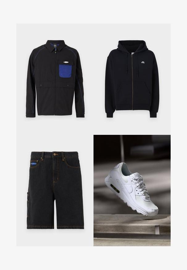 Črna jakna z modrim mrežastim žepom na prsih, kontrastnimi modrimi šivi in gumbom na pritisk. Oblikovana je s sprednjim zadrgo in dolgimi rokavi.; Črna kapucna majica na zadrgo z žepi spredaj, elastičnimi manšeti in majhnim belim logotipom na levi prsih. Narejena iz mehkega materiala.; Dve bombažne majice prikazane jedna za drugo: ena črna in ena bela. Obe imata kratke rokave in okrogle izreze, z gladko teksturo.; Črne denim kratke hlače z sprednjimi žepi, stranskim cargo žepom in oranžnim šivanjem. Imajo kovinsko zapiranje in blagovno znamko na prilogi.; Bela Nike Air Max 90 športna obutev z mrežastim in usnjenim zgornjim delom, perforiranim prstnim delom in vidno zračno enoto v peti.