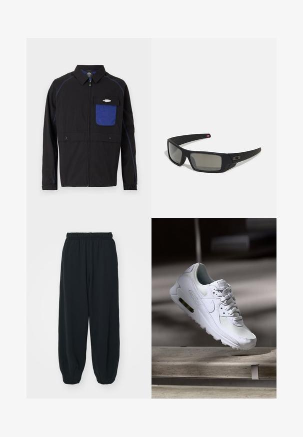 Black jacket featuring a blue mesh chest pocket, contrasting blue stitching, and snap buttons. Designed with a front zipper and long sleeves.; Two cotton T-shirts shown back-to-back: one black and one white. Both feature short sleeves and crew necklines, with a smooth texture.; Black, elasticated-waist sweatpants with a loose fit, cuffed ankles, smooth texture, and no visible patterns or hardware accents.; White Nike Air Max 90 sneaker featuring a mesh and leather upper, perforated toe box, and a visible air unit in the heel.; Black sunglasses with a matte finish, rectangular lenses, slight curve on temples, subtle logo detail, and smoke-tinted lenses.