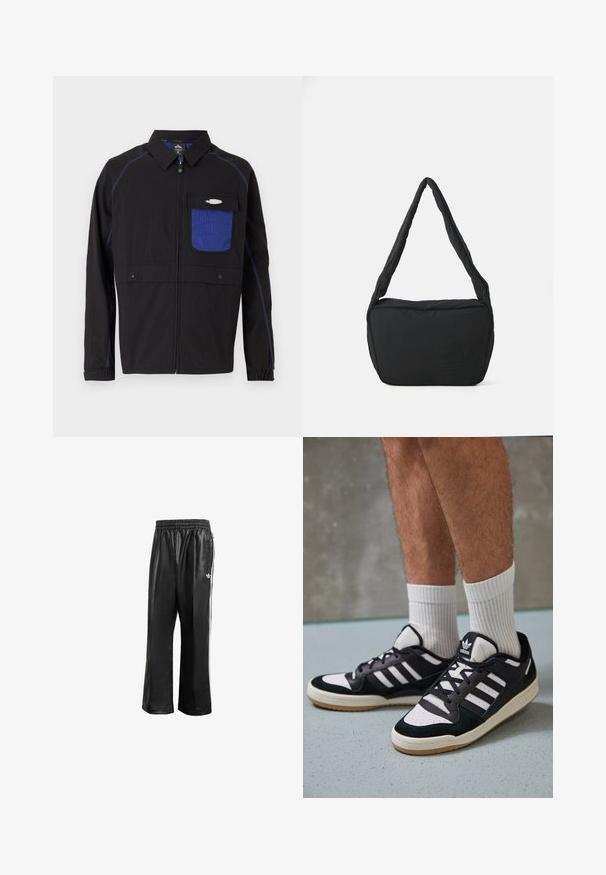 Črna jakna z modrim mrežastim žepom na prsih, kontrastnimi modrimi šivi in gumbom na pritisk. Oblikovana je s sprednjim zadrgo in dolgimi rokavi.; Dve bombažne majice prikazane jedna za drugo: ena črna in ena bela. Obe imata kratke rokave in okrogle izreze, z gladko teksturo.; Črne sintetične športne hlače z elastičnim pasom, z belimi stranskimi črtami in s majhnim belim logotipom na levem kolku.; Črno-bele superge z zgornjim delom iz usnja in nubuka, ki imajo tri bele črte, perforiran vrh prstov in podplat iz gume.; Črna torba čez ramo z oblazinjenim teksturo, zaobljeno obliko in širok pas, z embosiranim logotipom na sprednji strani.