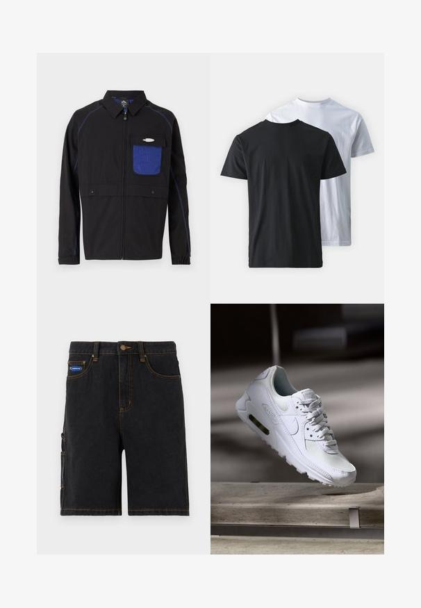 Svart jacka med en blå mesh bröstficka, kontrasterande blå sömmar och tryckknappar. Designad med en framtill dragkedja och långa ärmar.; Två bomullströjor visade rygg mot rygg: en svart och en vit. Båda har korta ärmar och rundad halsringning, med en mjuk textur.; Svarta denimshorts med framfickor, en sidoficka och orange sömnad. Har en metallknappstängning och en märkespatch.; Vita Nike Air Max 90 sneakers med en ovandel i mesh och läder, perforerad tåbox och en synlig luftenhet i hälen.