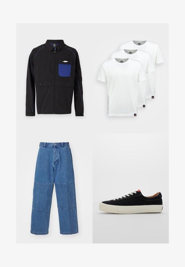 Sort jakke med en blå netlomme på brystet, kontrastfarvet blå syning og trykknapper. Designet med en frontlynlås og lange ærmer.; Tre ensfarvede hvide bomulds t-shirts med korte ærmer. Hver shirt har en rund halsudskæring og et lille sort logo mærke på venstre side.; Lyseblå denimbukser med løs pasform, der har to forskellige stofpaneler, en frontlukning med knap og brede ben.; Sort stof sneaker med hvide snørebånd, beige gummisål og rød accent ved hælen. Rundt tåparti og minimal syning.