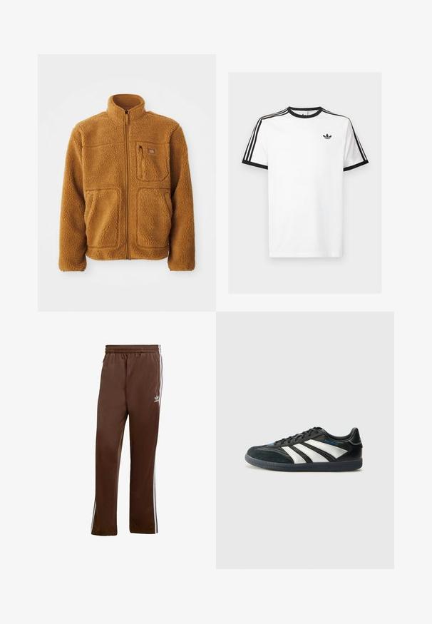 Flis jakna u toploj smeđoj boji s punim patent zatvaračem, visokim ovratnikom, dva prednja džepa i džepom na prsima s patent zatvaračem.; Bijela pamučna majica s crnim rebrastim izrezom i rukavima, s tri crne pruge na svakom ramenu i malim logom na prsima.; Smeđi još uvijek sportski hlače od glatkog materijala, s bijelim bočnim trakama i elastičnim pojasom. Uključuje džepove s obje strane.; adidas Performance PREDATOR FREESTYLE JUDE INDOOR FOOTBALL SHOES - Dvoranske nogometne kopačke - core black/silver-coloured/glory blue