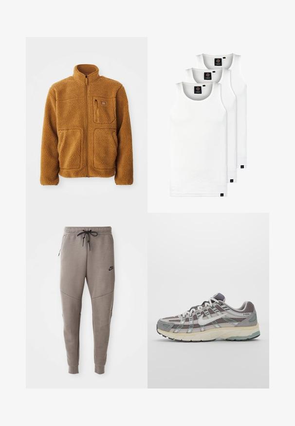 Fliisjakk soe pruun värv, millel on täispikk tõmblukk, kõrge krae, kaks esikotti ja rinnaosa kott tõmbluku sulgemisega.; Kolm valget ribaga t-särki, mis on valmistatud puuvillast. Omavad ümmargust kaelanõhku ja väikseid musti silte hemme lähedal. Saadaval erinevates suurustes.; Hallide Nike dressipüksid, millel on nööriga vöökoht, kitsenevad sääred, küljetaskud ja eristuv õmbluse detail. Pehme, tekstureeritud kangas.; Hallus hallitus jalanõud, millel on võrgust ja sametist ülemine osa, valged rõhutused, pehme tald ning eristuv disain peegelduvate elementidega.