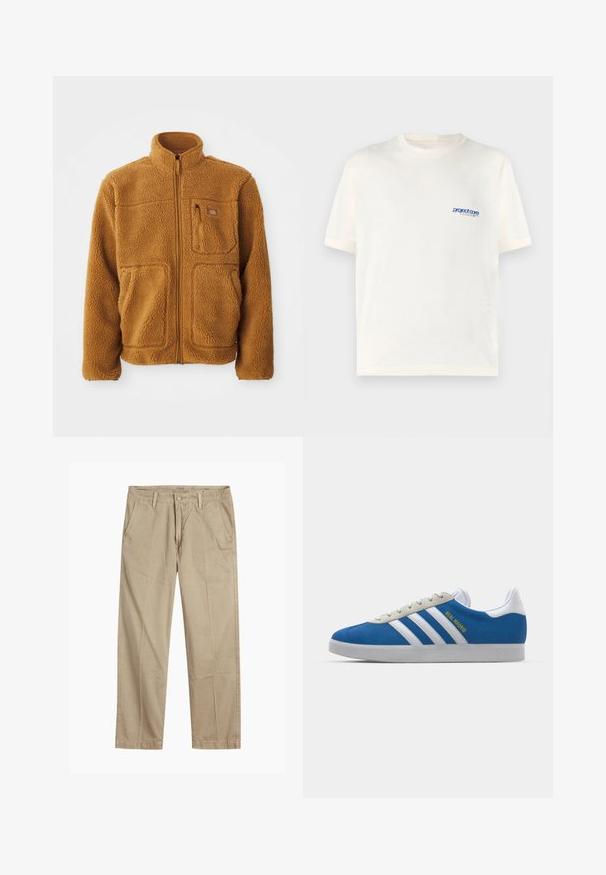 Šiltas rudos spalvos flisinis džemperis su visišku užtrauktuku, aukštu apykakle, dviem priekinėmis kišenėmis ir krūtine kišene su užtrauktuku.; Kreminės spalvos trumpomis rankovėmis marškinėliai, pagaminti iš minkštos medvilnės, su mažu mėlynu atspaudu kairėje krūtinės pusėje. Klasikinio apvalaus kaklo dizainas.; Bežiniai tiesaus kirpimo chinos kelnės su diržo kilputėmis, priekyje esančia mygtuko ir užtrauktuko uždarymo sistema, bei šoninėmis kišenėmis.; adidas Originals ADIDAS GAZELLE SHOES - Salės futbolo bateliai - real madrid/bluebird/footwear white/crew yellow