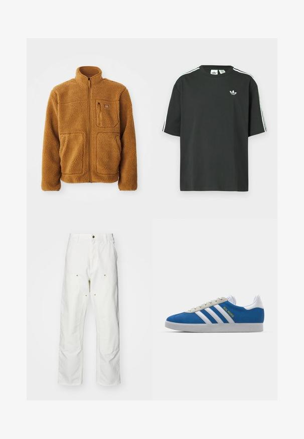 Viltjakki í hlýjum brúnu lit með fullri rennilás, háum kraga, tveimur framholum og brjósta vasa með rennilás.; Musta puuvillainen t-paita, jossa on lyhyet hihat, pyöreä pääntie ja valkoiset kolmen raidan yksityiskohdat olkapäillä. Rinnan kohdalla on pieni valkoinen logo.; Valkoiset puuvillaiset cargo-housut, joissa on rento istuvuus. Ominaisuuksiin kuuluvat etutaskut, kultaiset yksityiskohdat ja vahvistetut polviosat.; adidas Originals ADIDAS GAZELLE SHOES - Sisäjalkapallokengät - real madrid/bluebird/footwear white/crew yellow