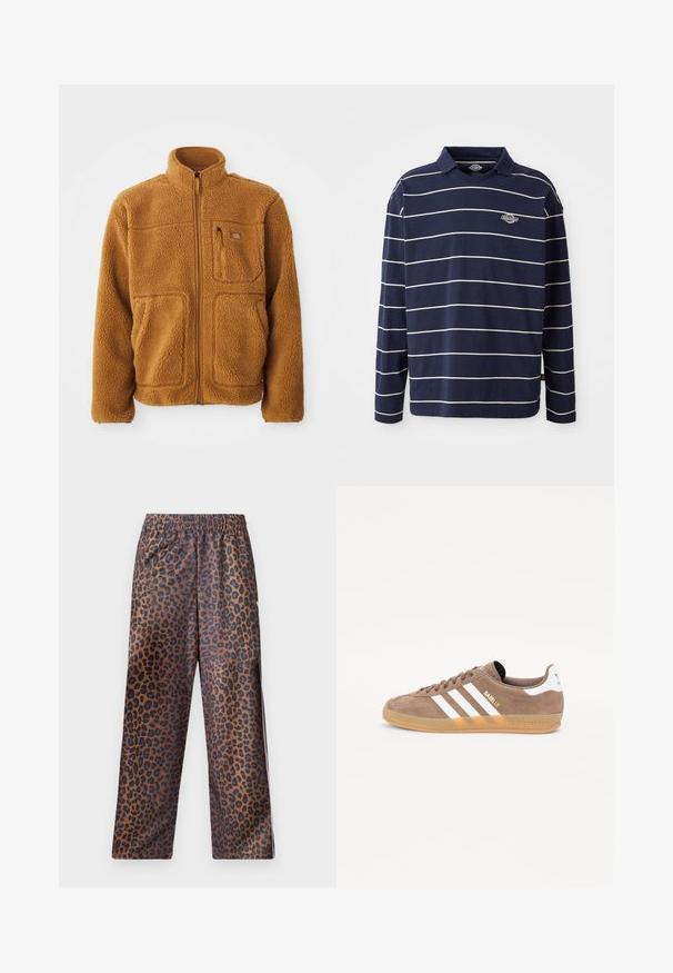 Fleece jacket in a warm brown color featuring a full zip, high collar, two front pockets, and a chest pocket with zip closure.; Navy long-sleeve polo shirt with white horizontal stripes, collar design, and a small logo on the left chest. Cotton material.; Leopard print pants with an elastic waistband. Made from a shiny fabric, featuring a brown base with black spots and a loose fit design.; Brown suede sneaker with three white stripes, golden "Gazelle" logo, and gum rubber sole. Features padded tongue and heel for comfort.