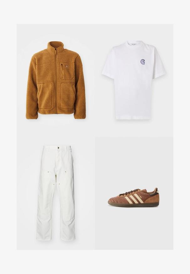 Φλις μπουφάν σε ζεστό καφέ χρώμα με φερμουάρ πλήρους μήκους, ψηλό γιακά, δύο μπροστινές τσέπες και μία τσέπη στο στήθος με κλείσιμο με φερμουάρ.; Άσπρο βαμβακερό t-shirt με κοντά μανίκια, στρογγυλή λαιμόκοψη και μικρό, κεντητό μπλε λογότυπο "C" στην αριστερή πλευρά του στήθους.; Λευκά βαμβακερά cargo παντελόνια με χαλαρή εφαρμογή. Ενδεικτικά χαρακτηριστικά περιλαμβάνουν μπροστινές τσέπες, χρυσές λεπτομέρειες και ενισχυμένα γόνατα.; adidas Originals SAMBA UNISEX - Αθλητικά παπούτσια - preloved brown/sand strata/dark brown