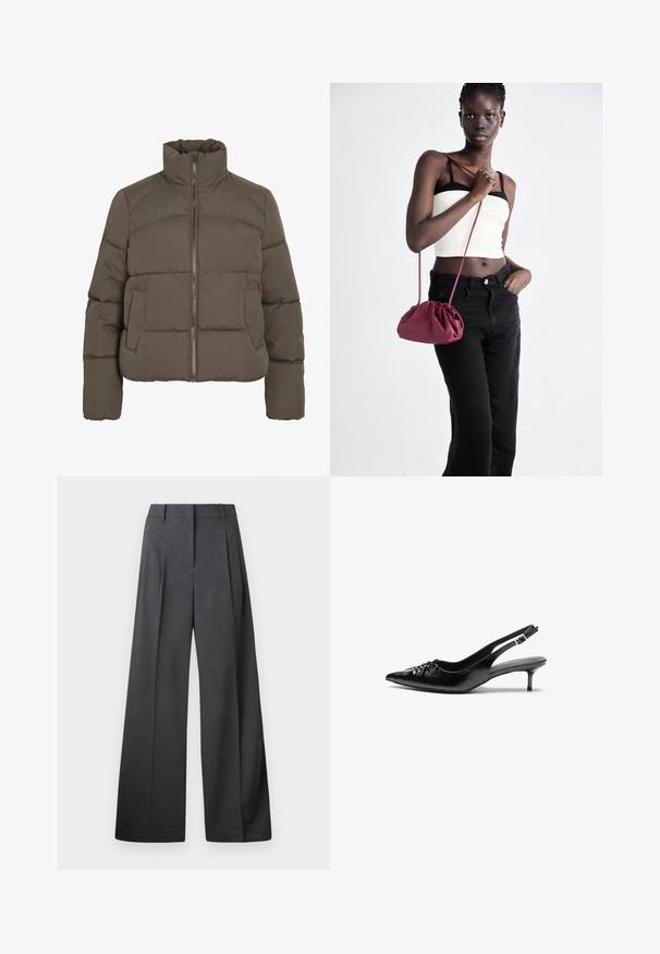 Casaco acolchoado em verde-oliva escuro, com gola alta, fecho de correr frontal e dois bolsos laterais; textura matelassê por todo o casaco.; Sweater de malha castanho escuro com decote em V e mangas compridas, com punhos e barra canelados, apresentado sobre um fundo branco liso.; Blusa castanha de mangas compridas com decote de gola, fecho frontal com botões e pormenores franzidos nas laterais. Tecido liso, semelhante a cetim.; Calças de perna larga em tecido cinza escuro, apresentando uma cintura alta, pregas simples e uma textura suave com um acabamento limpo nas bainhas.; Sapatos de salto alto slingback em couro preto com bico fino, pequeno salto kitten e um detalhe decorativo em forma de nó na parte da frente. Textura suave em toda a parte.; Bolsa de tecido suave em borgonha com um design franzido e uma alça longa, usada à transversal. Modelo veste um top cropped branco e jeans pretos.