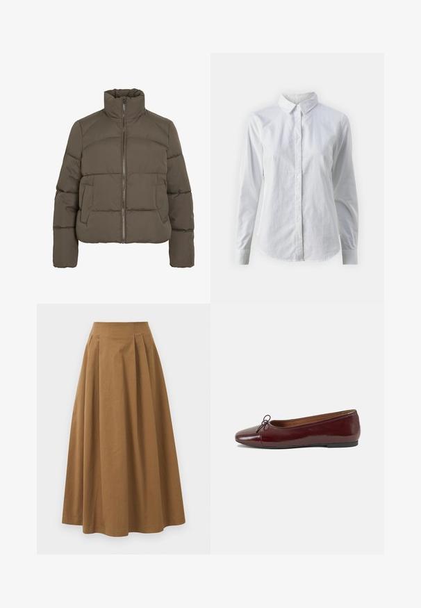 Puffer jacket in dark olive green, featuring a high collar, front zipper closure, and two side pockets; quilted texture throughout.; White button-up shirt made of smooth cotton, featuring a classic collar, long sleeves, and a curved hem. Buttons are small and white.; Brown cotton A-line skirt with a high waist, featuring pleats down the front and a smooth texture. Hem finishes are clean and simple.; Burgundy patent leather ballet flat with a rounded toe, small bow accent at the front, and a low, black rubber sole. Smooth texture.