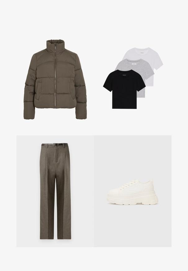 Puffer jacket in dark olive green, featuring a high collar, front zipper closure, and two side pockets; quilted texture throughout.; Set of three short-sleeve t-shirts in black, gray, and white. Made from cotton, featuring a crew neck and a simple, solid color design.; Brown tailored trousers with a straight cut, featuring a smooth texture, belt loops, and a flat front design.; White canvas sneaker with a chunky sole, rounded toe, and five eyelets for laces. Back tab for easy wear. Smooth texture, minimalist design.