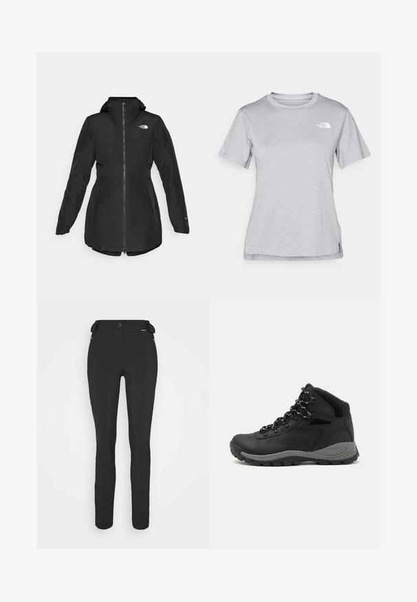 Casaco impermeável preto com capuz, fecho frontal, bolsos laterais e punhos elásticos. Apresenta um logo no peito e uma bainha ligeiramente curvada.; T-shirt cinza de mangas curtas feito de um tecido suave e que absorve a humidade. Apresenta um decote redondo e um pequeno logotipo branco na parte superior esquerda.; Calças pretas, ajustadas, feitas de um material flexível. As características incluem um bolso lateral com fecho éclair, joelhos articulados e uma textura suave.; Bota de caminhada preta com design de cano médio, apresentando um upper texturizado, detalhes cinzentos e sola de borracha durável com cravos de tração.