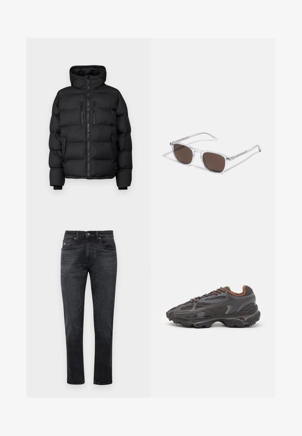 Melns pūkains apģērbs ar kapuci, ar kvadrātu šuvēm, priekšējo rāvējslēdzēju un divām krūšu kabatām ar rāvējslēdzēju. Mīksta tekstūra un silts dizains.; Divas melnas kokvilnas t-krekli ar īsām piedurknēm un apkakli. Abiem ir sarkans zīmola uzlīmējums pie apkakles. Vienkāršs, klasisks dizains.; Melni džinsi ar taisnu kāju griezumu, ieguvuši piecu kabatu dizainu un rāvējslēdzēju. Delikāti izbalējuši un ar šuvju detaļām uz kabatām.; Lacoste kedas tumši pelēkā krāsā ar acu audumu un sintētisko materiālu, ar teksturētu zoli un brūniem akcentiem apkaklītē un zīmola uzrakstā.; Skaidras plastmasas saulesbrilles ar taisnstūra formas brūnajiem objekīviem, ar plānām, caurspīdīgām kājām un metāla akcentiem uz tempļiem.