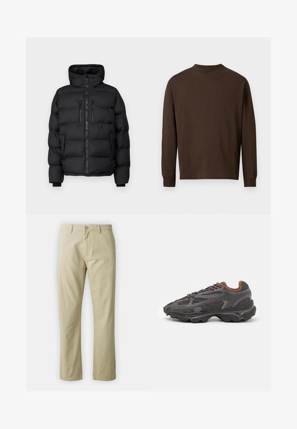 Must must jacket kapuutsiga, millel on tikandiga sektsioonid, ees lukk ja kaks rinnaeraldi lukuga taskut. Pehme tekstuur ja soe disain.; Pruun pikkade varrukatega särk pehmest kangast, ümmarguse kaelusega ja sirge lõikega, ilma silmapaistvate mustrite või detailideta.; Beezid puuvillased püksid sirge sääre kujundusega, esitasku nuppude sulgemise ja vööde abil. Sile tekstuur, ilma nähtavate mustrite või aktsentideta.; Tumed hallid Lacoste tossud, mis on valmistatud võrkkangast ja sünteetilisest materjalist, omavad tekstureeritud talla ning pruune aktsente kaeluse ja brändingu juures.