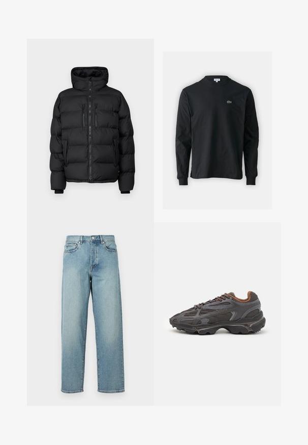 Fekete pufi dzseki kapucnival, steppelt részekkel, elülső cipzárral és két cipzáros mellzsebből áll. Puha tapintás és meleg dizájn.; Fekete hosszú ujjú pamut póló, kerek nyakkivágással, bal mellen egy kis zöld hímzett krokodil logóval.; Világoskék farmernadrág laza szabással, egyenes lábakkal, öt zsebes dizájnnal és gombos derékkal. Minimalista varrási részletek.; Sötét szürke Lacoste sportcipők hálós és szintetikus anyagból, textúrázott talppal és barna díszítésekkel a nyak részen és a logón.