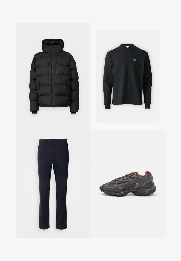 Mustapuffatakki hupulla, jossa on tikatut osiot, etuvetoketju ja kaksi rintataskua vetoketjulla. Pehmeä rakenne ja lämmin muotoilu.; Musta pitkähiha t-paita, joka on valmistettu puuvillasta. Paita on varustettu pyöreällä kaula-aukolla ja vasemmassa rinnassa on pieni vihreä brodeerattu krokotiililogo.; Tummansinisiä housuja, jotka on valmistettu sileästä kankaasta. Housuissa on suora lahje, vyölenkit ja nappikiinnitys vetoketjulla.; Lacoste-tennar i mörkgrått med nät- och syntetmaterial, med en texturerad sula och bruna accenter på kragen och märket.