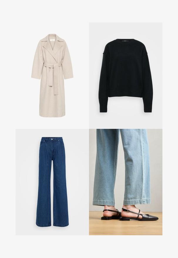 Bež plašč iz volnene mešanice z izrezanim ovratnikom, pasom in širokimi rokavi. Ima preprost dizajn in srednje dolg rob. Teksture.; Črna pletena pulover s krožnim izrezom, spušenimi rameni in dolgimi rokavi. Ima teksturirano tkanino in skrajšan kroj.; Široke modre jeans hlače z visokim pasom, sprednjim gumbom in zadrgo ter sprednjimi in zadnjimi žepi na enobarvni podlagi.; Črne usnjene škornje s usnjenim trakom, koničastim nosom, nizkim petam in trakovi okoli gležnja; nosi se z svetlo modrimi širokimi hlačami.