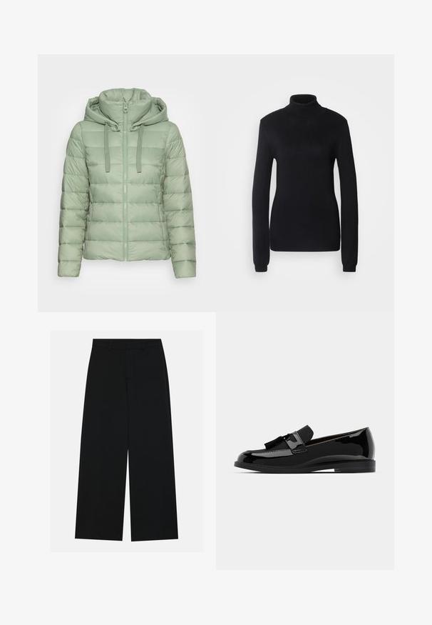 Marc O'Polo Casaco de inverno - breezy mint; Suéter de gola alta preto feito de um tecido de malha suave, com mangas longas e uma silhueta ajustada, apresentando um colarinho e bainha canelados.; Calças pretas de perna larga feitas de um tecido suave. Apresentam uma cintura plana com passantes para cinto e sem bolsos visíveis. Design simples.; Mocassins pretos em couro verniz com salto baixo, apresentando um detalhe em franja e superfície lisa, desenhados com um bico arredondado e costura subtil.