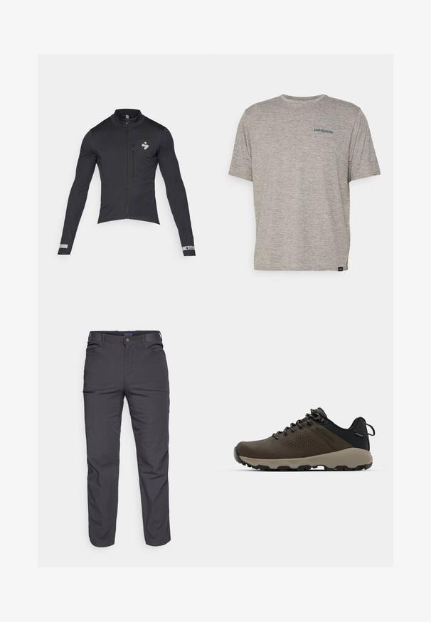 Jachetă de ciclism neagră cu mâneci lungi, fermoar frontal și guler înalt; prezintă logo și accente reflective; material neted și elastic.; Tricou gri cu mânecă scurtă, fabricat dintr-un material moale și texturat, având un mic logo al brandului Patagonia în culoare albastră pe pieptul stâng. Fără modele suplimentare.; Pantaloni negri închis dintr-un material rezistent, cu un buzunar cu fermoar, croială dreaptă și bucle pentru curea pentru ajustarea potrivirii.; Adidași impermeabili maro, cu un superior texturat, accente perforate, suport pentru călcâie negru și o talpă din cauciuc gri. Șireturile au vârfuri metalice.