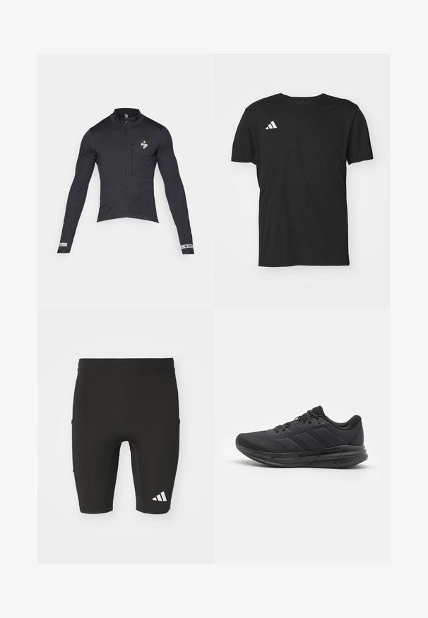 Schwarze Radjacke mit langen Ärmeln, durchgehendem Reißverschluss und hohem Kragen; verfügt über reflektierendes Logo und Akzente; glattes, dehnbares Material.; Schwarzes Sportoberteil aus leichtem Stoff, mit kurzen Ärmeln und rundem Halsausschnitt. Weißes Adidas-Logo auf der linken oberen Seite.; Schwarze Sportshorts mit figurbetontem Design, aus dehnbarem Stoff gefertigt. Verfügt über drei Taschen und ein weißes Adidas-Logo an der Unterschenkelseite.; Schwarzer Sportschuh mit einem Obermaterial aus Mesh, Gummisohle, strukturiertem Design und drei Streifen an der Seite. Schaumstoffpolsterung für Komfort.