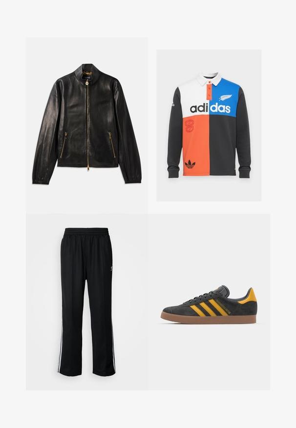 Fekete bőrkabát, cipzárral, álló gallérral és két cipzáras oldalzsebbel. Arany színű fém kiegészítők és logóval ellátott részletek.; Fekete, fehér, narancs és kék színben színblokkolt hosszú ujjú polo póló, gallérral, gombos légúttal és hangsúlyos Adidas márkajelzéssel.; Fekete sportnadrág rugalmas derékrésszel, fehér oldalsávokkal és egy kis logóval. Az anyaga lágy és könnyűnek tűnik.; Fekete velúrbőr sportcipő sárga díszítéssel, három csíkkal és barna gumitalppal. Párnázott nyelvével a kényelem érdekében.
