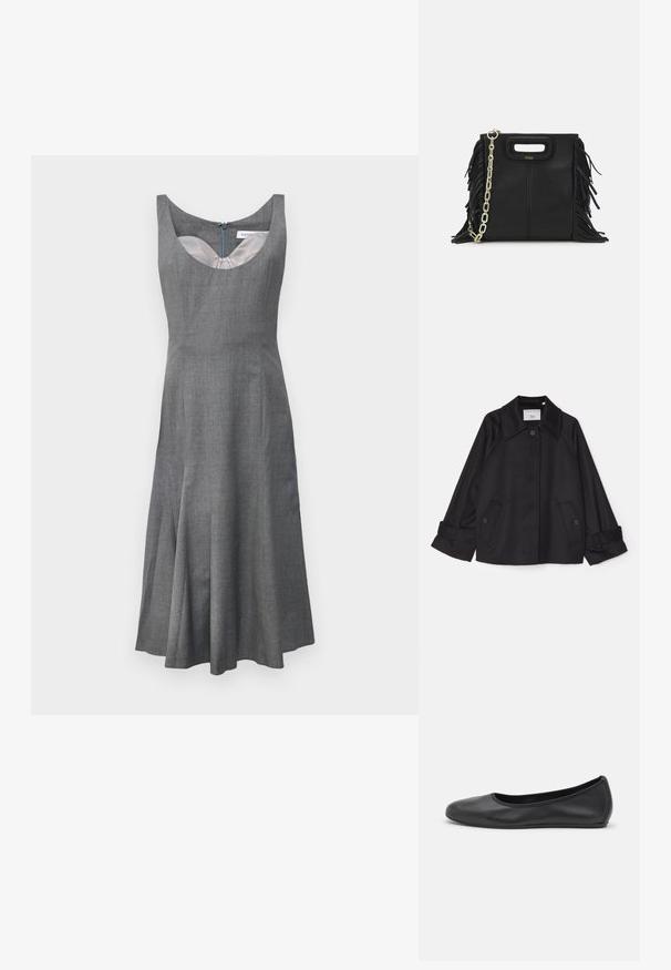 Musta takki pehmeästä materiaalista, jossa on terävä kaulus, kaksi nappitaskua edessä ja käärittyjä hihoja. Minimalistinen muotoilu.; Harmaa hihaton mekko, jossa on avara pääntie, liehuva helma ja piilotettu vetoketju takana. Valmistettu teksturoidusta kankaasta, jossa on sileä vuori.; Musta nahkainen ballerina, jossa on pyöristetty kärki, sileä pinta, minimaalinen ommelkoristelu ja joustava pohjamuotoilu.; Musta nahkakäekott, millel on frantsiisidetailid, kuldne õlgade rihm ja lõikega käepide. Ees on logo paigutus.