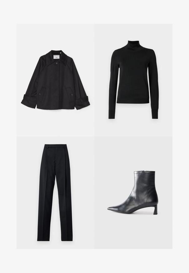 Zwarte jack gemaakt van zacht stof met een puntige kraag, twee voorzakken met knopen en opgerolde mouwen. Minimalistisch ontwerp.; Zwarte trui met lange mouwen en col, voorzien van geribde manchetten en zoom, weergegeven op een effen witte achtergrond.; Zwarte broek gemaakt van gladde stof met een hoge taille, wijde benen, voorplooien en klassieke ceintuurlussen. Geen zijzakken zichtbaar.; Zwarte leren enkellaars met een spitse neus en een slank ontwerp. Heeft een lage hak en een ritssluiting aan de achterkant. Gladde textuur.