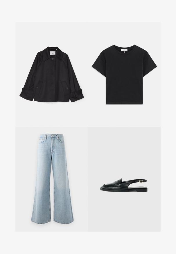 Černá bunda vyrobená z měkké látky s špičatým límcem, dvěma předními kapsami se zapínáním na knoflíky a ohrnutými rukávy. Minimalistický design.; Černé zkrácené tričko vyrobené z bavlny, s kulatým výstřihem, krátkými rukávy a jednoduchým designem bez vzorů nebo ozdob.; Světle modré nohavice s širokými nohavicemi vyrobené z denimu, s vysokým pasem, pěti kapsami a zapínáním na knoflík/zip. Rozšířený lem pro zvýšený objem.; Černá kožená slingback obuv s kulatou špičkou, plochou podrážkou, bočním výřezem a páskem s kovovým detailem ve zlaté barvě.