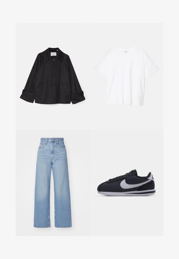 Zwarte jack gemaakt van zacht stof met een puntige kraag, twee voorzakken met knopen en opgerolde mouwen. Minimalistisch ontwerp.; Witte katoenen t-shirt met korte mouwen, ronde halslijn, comfortabele pasvorm en gestikte zoom. Etiket zichtbaar aan de binnenzijde van de hals.; Lichtblauwe high-waist wijde jeans met een knoop- en ritssluiting aan de voorkant, voor- en achterzakken, op een witte achtergrond.; Zwarte sportschoen met grijze accenten, gladde synthetische bovenkant, gestructureerde zool, ronde neus en platte veters. Klassiek ontwerp met logo-detail.