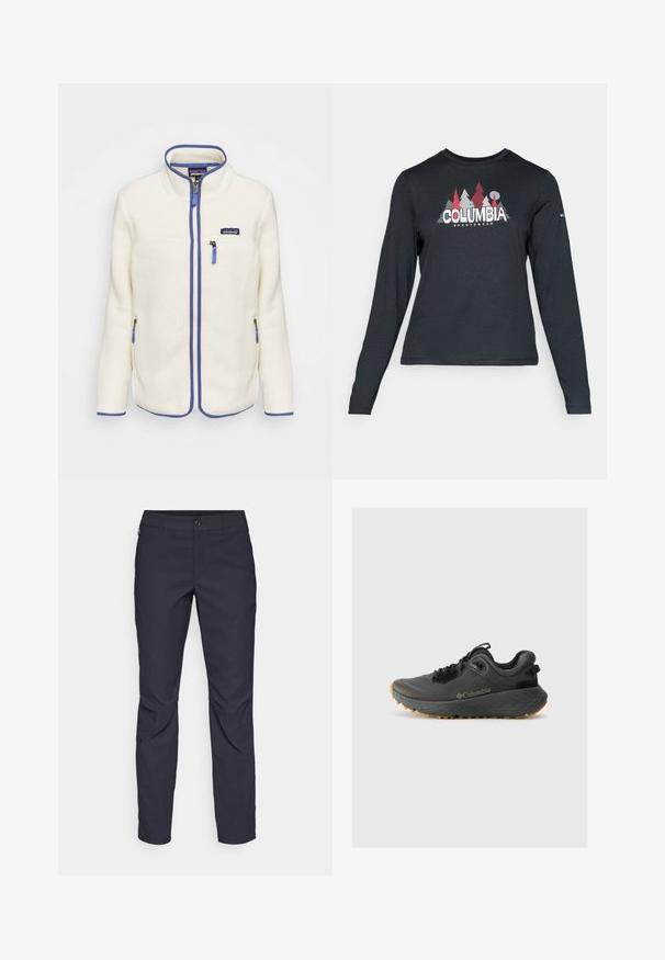 Flis jakna u boji of-white s plavim akcentima. Ima visoki ovratnik, prednji zip i bočne džepove sa zipom. Teksturirana tkanina.; Majica dugih rukava tamnosive boje s grafikom crvenih drveća i planina; logo "COLUMBIA" u podebljanom bijelom tekstu. Mekana tkanina, standardni okrugli izrez.; Pantalone tamnoplave boje od glatkog materijala, s prednjim kopčanjem na dugme, uskim krojem i pregibima na koljenima.; Columbia TERRASTRIDE CRZ - Obuća za pješačenje - shark/black