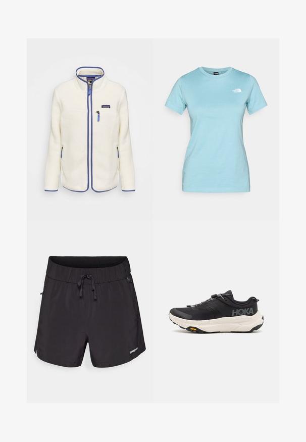 Dirbtinės vilnos striukė kreminės baltumo su mėlynomis detalėmis. Yra aukšta apykaklė, priekis užtrauktuku ir šoninės kišenės su užtrauktukais. Tekstūruota audinio apdaila.; Šviesiai mėlynas medvilninis marškinėliai trumpomis rankovėmis ir apvaliu kaklu; turi mažą baltą logotipą viršutiniame kairiajame krūtinės kampe.; Juoda maudymosi šortai, pagaminti iš lengvos medžiagos, su elastingu juosmeniu, raišteliu ir šoninėmis kišenėmis funkcionalumui.; Juodi sportiniai batai su kvėpuojančiu tinklo viršumi, guminėmis padais, baltu amortizuojančiu viduriu ir atspindinčiomis raištelėmis. Vibram logotipas ant padais.