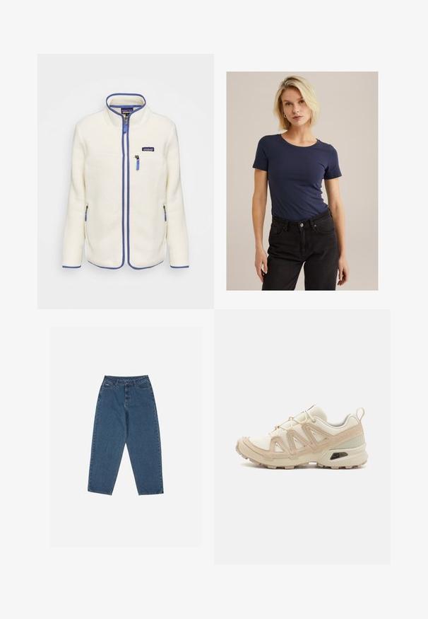 Jachetă din fleece de culoare albă murdară cu accente albastre. Dispune de un guler înalt, fermoar frontal și buzunare laterale cu fermoar. Finisajul este dintr-un material texturat.; Tricou slim-fit de culoare bleumarin, cu guler rotund și mâneci scurte, asociat cu blugi negri, cu talie înaltă. Textură a materialului moale și neted.; Jeans din denim albastru cu o croială relaxată, talie înaltă, design cu cinci buzunare și accente cusute. Dispune de un sistem de închidere cu buton și fermoar.; Pantofii sport bej și crem au un superior din plasă texturată, suprapuneri de susținere și o talpă din cauciuc cu un model de profil pentru aderență.