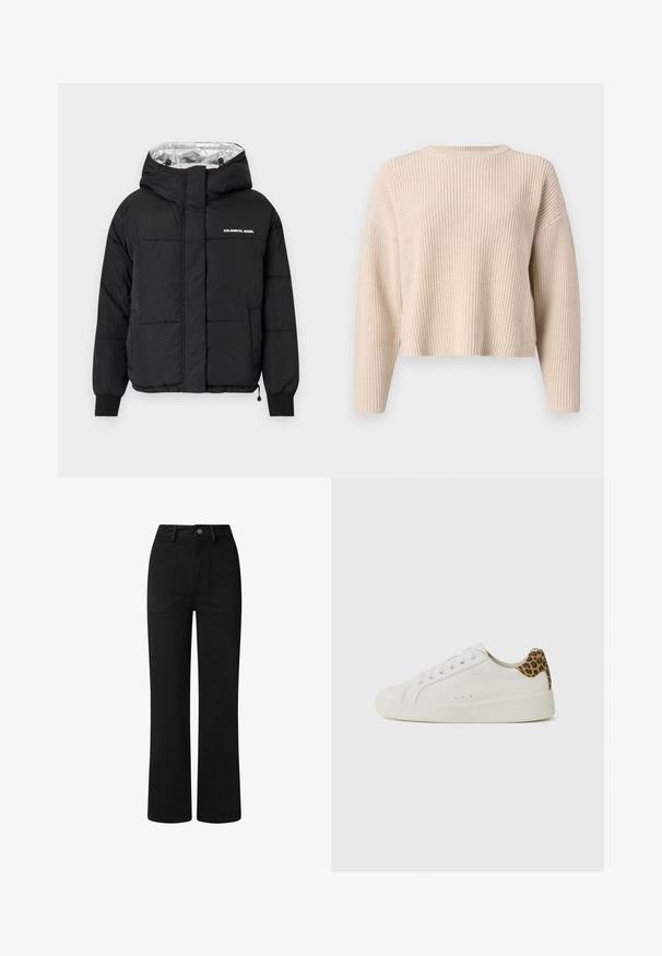 Geacă puffer neagră cu glugă, cu interior lucios argintiu, manșete elastice și un imprimeu frontal care spune "REBEL COLORAT."; Pulover tricotat bej, cu guler rotund, mâneci lungi și o croială lejeră. Are o textură ribbed și o margine scurtă.; Pantaloni negri, cu talie înaltă, cu un design drept, fabricati dintr-un material de bumbac neted. Caracteristici: buzunare frontale și un închidere simplă cu nasture metalic.; Adidași din piele albă cu vârf rotund, talpă plată și sistem de fixare cu șireturi. Prezintă un accent cu imprimeu leopard la călcâi. Textură netedă.