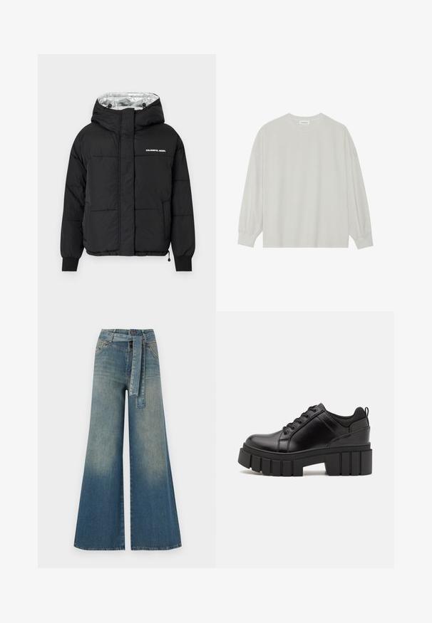 Black puffer jacket with a hood, featuring a shiny silver interior, elastic cuffs, and a front print that reads "COLOURFUL REBEL."; Light gray long-sleeve t-shirt made of soft cotton. Features a loose fit, round neckline, and gently gathered cuffs. No patterns or graphics.; Wide-leg denim trousers featuring a light to dark blue gradient, high waist, belt loops, and a matching fabric belt. Textured denim finish.; Black leather platform shoes with a chunky block heel, round toe, and traditional lace-up design. Features smooth texture and minimal detailing.