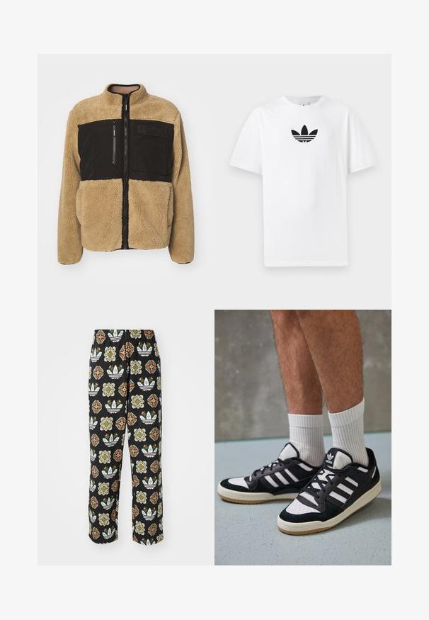 Hófehér flanel kabát fekete nylon felső résszel. Magas gallérral, elülső cipzárral és cipzáras melleltartó zsebbel rendelkezik. Texturált és meleg.; Fehér pamut póló, középen fekete Adidas logóval. Rövid ujjú és kerek nyakú kialakítással. Sima textúra.; Fekete nadrág, amely bonyolult mintázattal rendelkezik, különböző formákkal, beleértve virágmintákat és csíkokat narancs, zöld és fehér színekben.; Fekete-fehér tornacipők velúr és bőr felsőrésszel, három fehér csíkkal, perforált orral és gumi talppal.