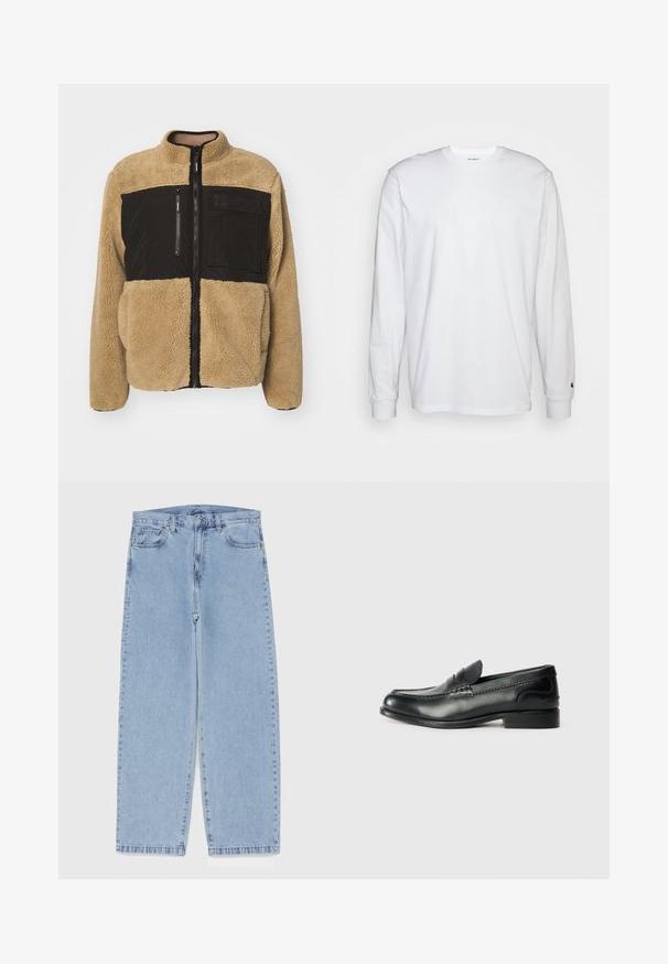 Tanmanschettenjacke mit einem Oberteil aus schwarzem Nylon. Verfügt über einen hohen Kragen, einen frontalen Reißverschluss und eine Reißverschlusstasche auf der Brust. Strukturierter und warmer Stoff.; Weißes Langarm-T-Shirt aus Baumwolle. Rundhals-Design mit gerippten Bündchen und kleinem Logo auf dem linken Ärmel. Glatte Textur.; Hellblaue Jeans aus Denim mit geradem Bein, ausgestattet mit einer mittelhohen Taille, fünf Taschen sowie einem Knopf- und Reißverschluss.; Schwarze Lederloafers mit glatter Oberfläche, gesteppten Details über dem Vorderblatt und einem leicht erhöhten Absatz.