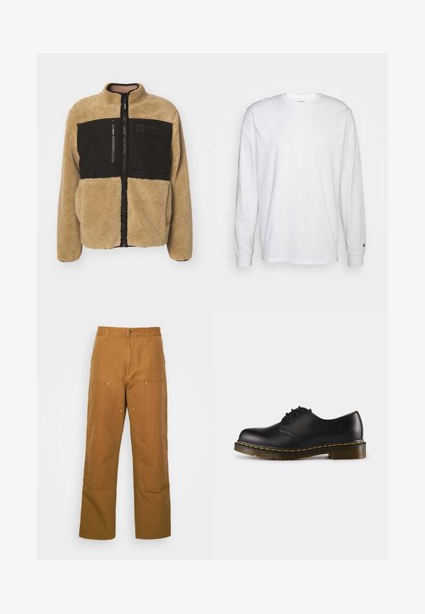 Tan fleecejakke med en øverste del i sort nylon. Har en høj krave, frontlynlås og en lynlåslomme på brystet. Struktureret og varm.; Hvid langærmet T-shirt lavet af bomuld. Rund halsudskæring med ribbede manchetter og et lille logo på venstre ærme. Glat tekstur.; Brune bomuldsarbejdsbukser med lige ben-design, der har frontlommer og metalhardware detaljer for ekstra holdbarhed.; Sort lædersko med rund tå, snørebåndsdesign, gul syning langs sålen og en kraftig, tekstureret gummisål.